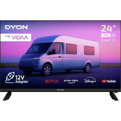 'DYON 24" 720p HD Smart-TV mit VIDA Betriebssystem; Funktionen umfassen 12V-Adapterkompatibilität und Streaming-Dienste wie Netflix und YouTube.'