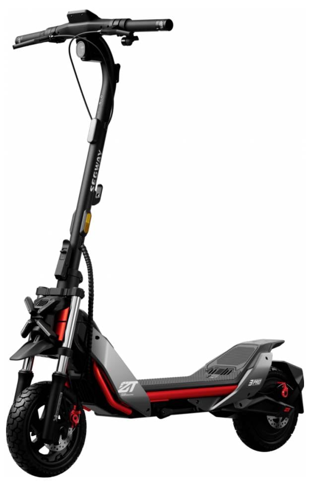 Ein schwarzer und roter Elektroroller mit elegantem Design, ausgestattet mit dicken Reifen und einem erhöhten Lenker, ideal für den städtischen Pendlerverkehr.