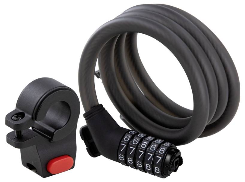 Ein aufgerolltes Fahrradschloss mit Zahlenkombination, bestehend aus einer Zahlenwählscheibe und einer Befestigungshalterung.