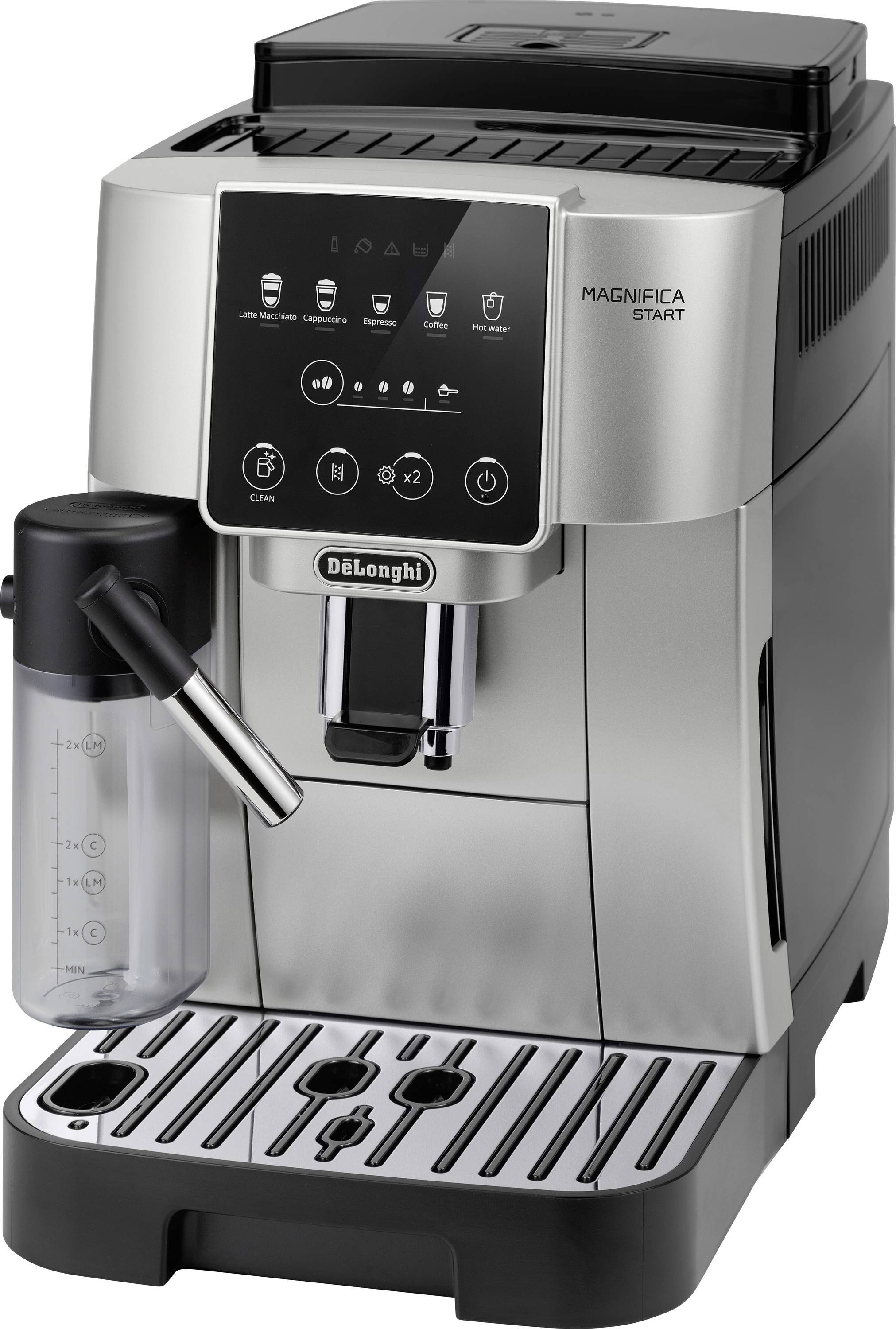 Eine silberne DeLonghi Magnifica Start Espressomaschine mit Bedienfeld vorne, Milchaufschäumer und Abtropfschale.