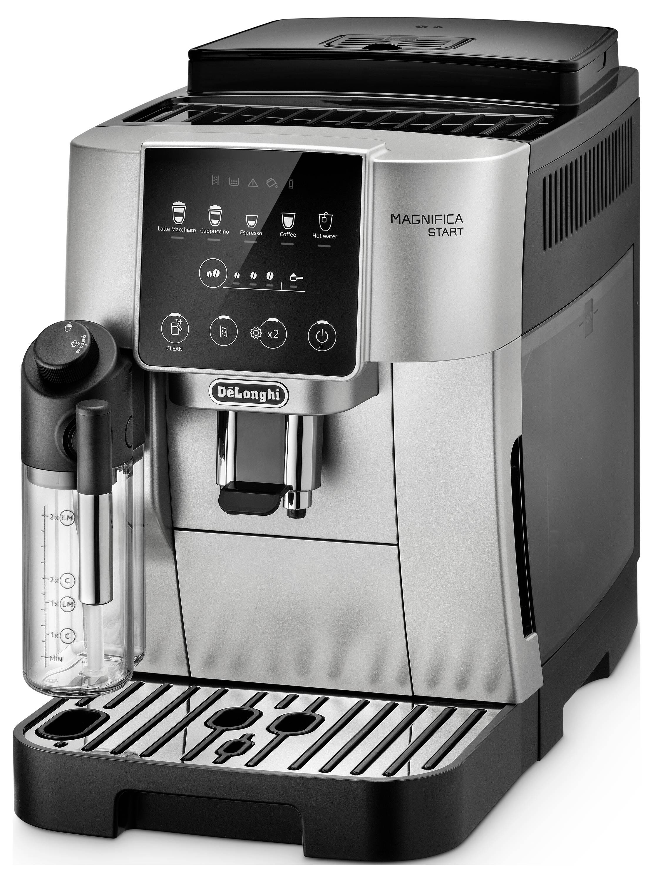 De'Longhi Magnifica Start Kaffeevollautomat mit silberner Oberfläche, Touchscreen-Steuerung, Milchaufschäumer und Abtropfschale.