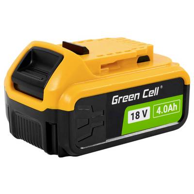 Eine wiederaufladbare Batterie mit der Aufschrift 'Green Cell 18V 4.0Ah' in einem orange-schwarzen Gehäuse.