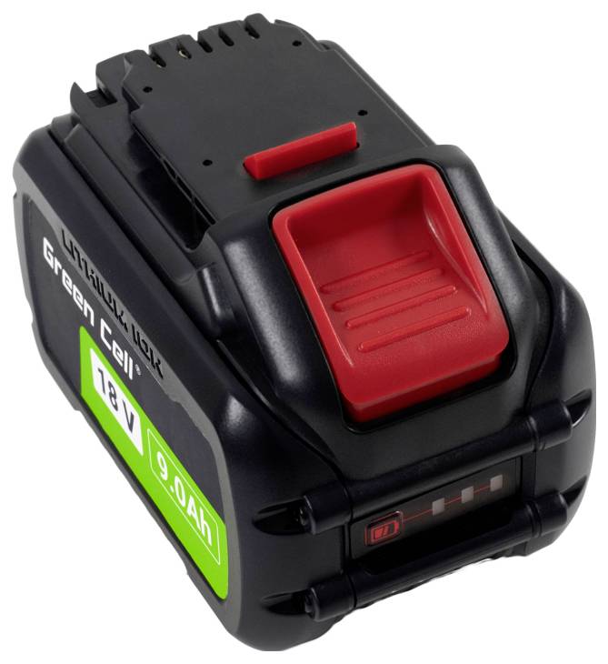Ein schwarzer und roter 18V, 9Ah Lithium-Ionen-Akkupack mit Ladezustandsanzeige.