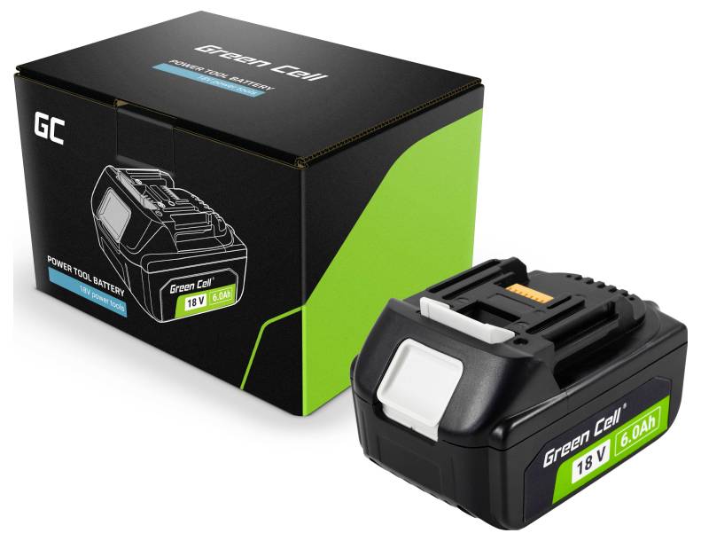 Eine schwarz-grüne 18V 6.0Ah Akku für Elektrowerkzeuge von 'Green Cell' wird neben seiner Verpackungsschachtel präsentiert.