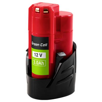Roter Akkupack mit der Beschriftung 'Green Cell 12V 3.0Ah' in einem schwarzen Halter.