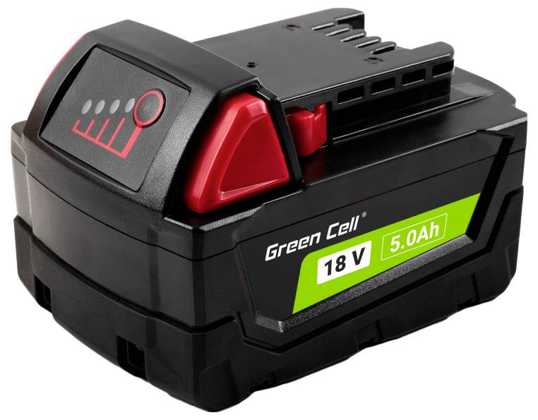 18V, 5.0Ah Lithium-Ionen-Akkupack mit schwarz-rotem Design. Text lautet 'Green Cell 18V 5.0Ah'.