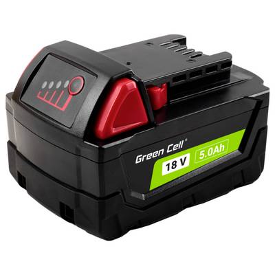 18V, 5.0Ah Lithium-Ionen-Akkupack mit schwarz-rotem Design. Text lautet 'Green Cell 18V 5.0Ah'.