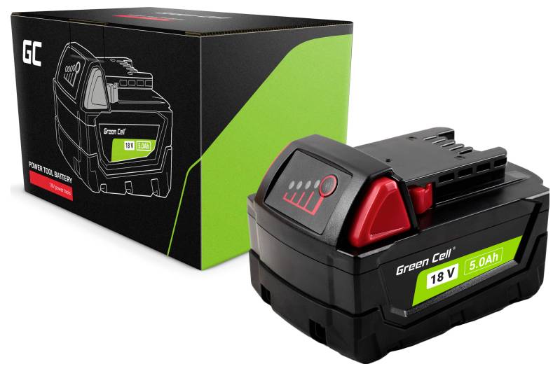 Eine schwarze und rote Green Cell 18V, 5.0Ah Akku für Elektrowerkzeuge wird neben seiner Verpackungsbox mit passendem Design präsentiert.