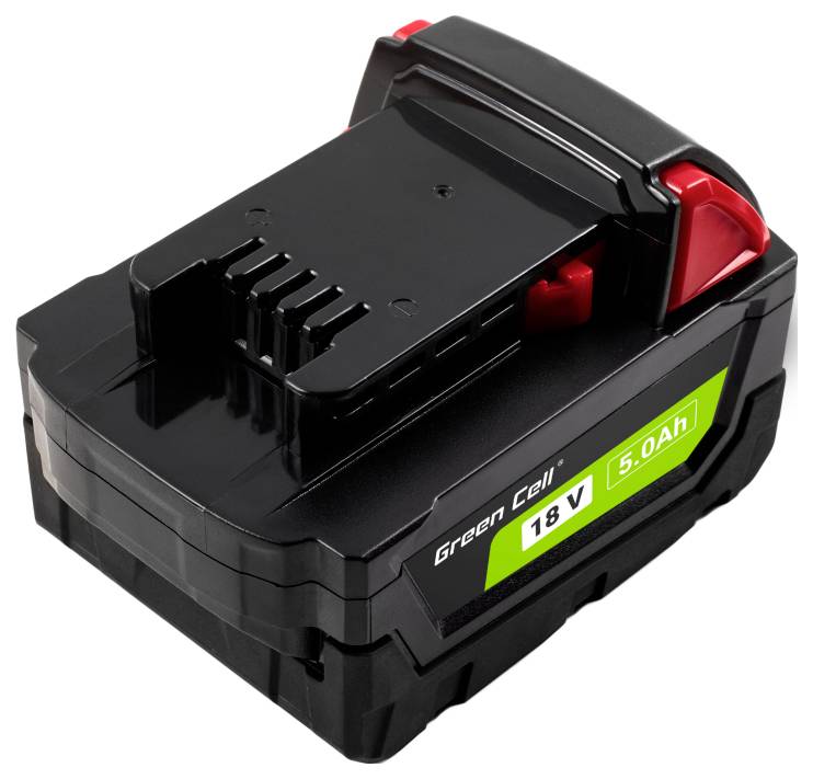 Ein schwarzes Green Cell Akkupack, gekennzeichnet mit '18V 5.0Ah', mit roten und schwarzen Details, geeignet für Elektrowerkzeuge.