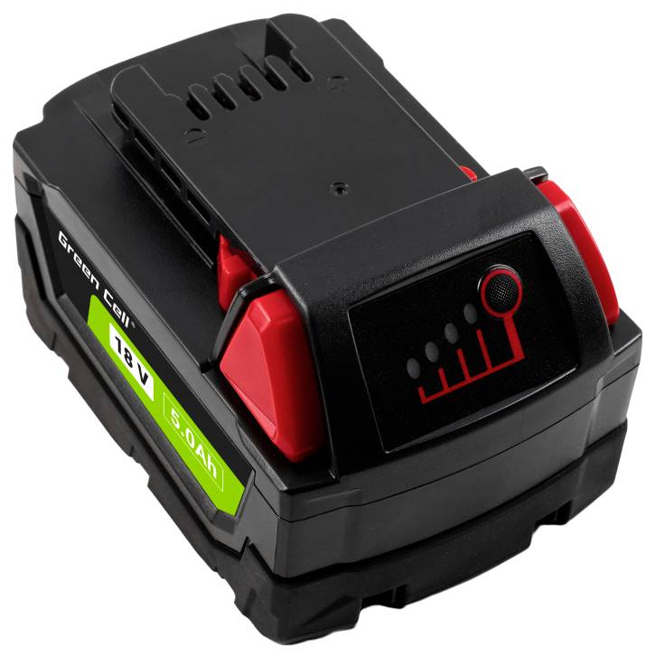 Eine schwarze und rote Akku-Bohrmaschine-Batterie mit der Aufschrift 'Green Cell', mit einem Leistungsanzeiger mit vier beleuchteten Balken und der Markierung '18V 5.0Ah'.