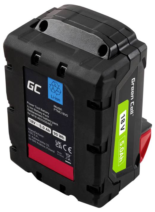 Ein schwarzer Lithium-Ionen-Akkupack mit der Beschriftung „18V 5,0Ah", versehen mit einem blauen Recycling-Symbol und Spezifikationen für Elektrowerkzeuge.