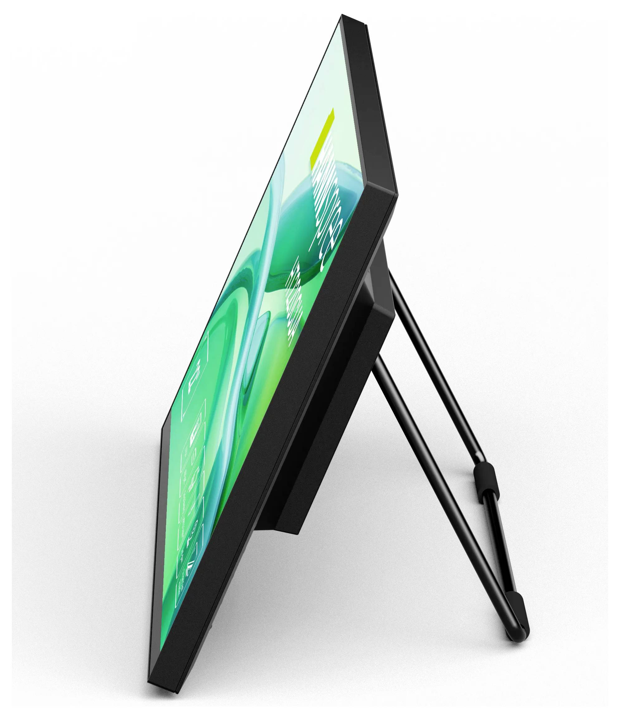 Ein schlanker, moderner digitaler Monitor ist auf einem Ständer geneigt und zeigt einen grünen abstrakten Hintergrund. Das Design betont seine elegante Silhouette.