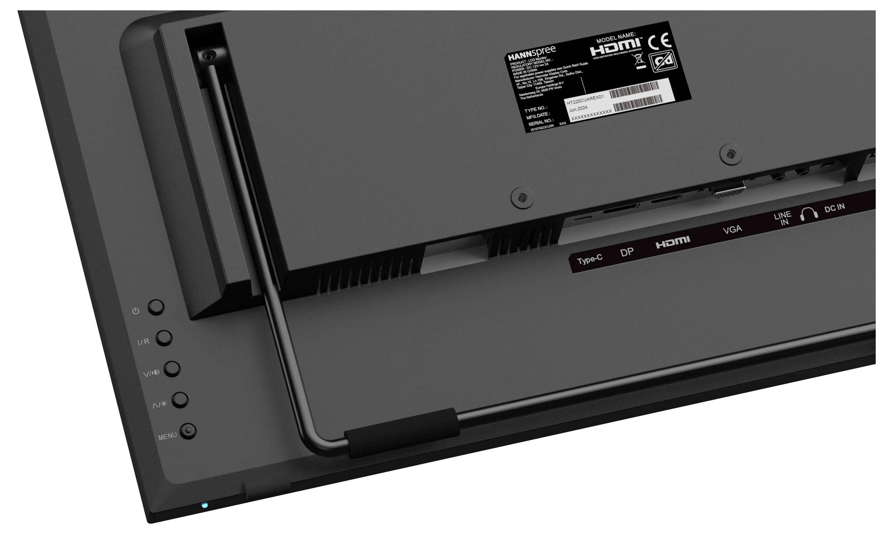 Rückansicht eines Monitors mit Eingabeanschlüssen, einschließlich DisplayPort, HDMI und VGA. Ein Etikett mit technischen Details und Konformitätszeichen ist sichtbar.