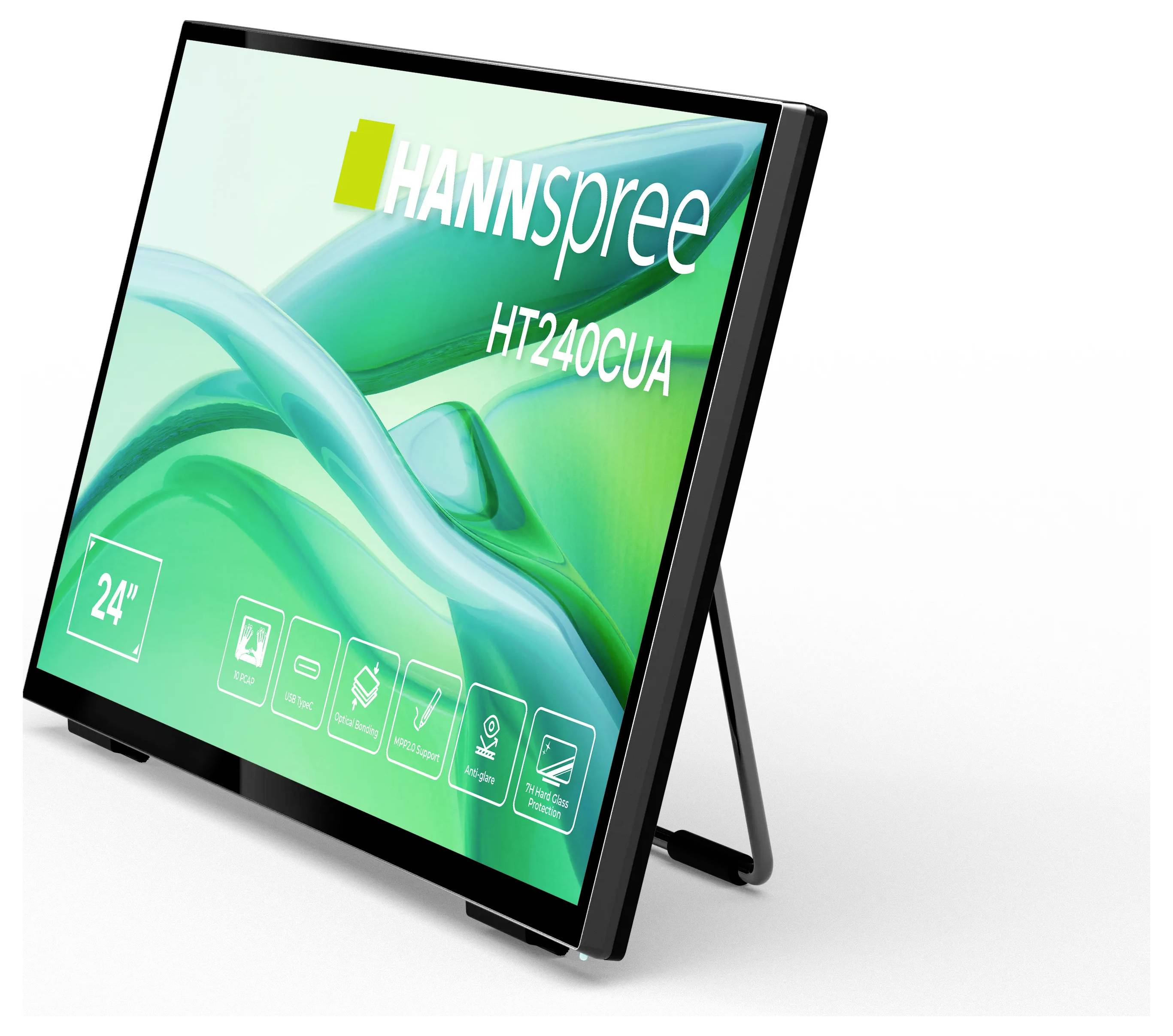 'HANNspree HT240CUA' Touchmonitor mit einem 24-Zoll-Bildschirm, der auf einem Ständer präsentiert wird.