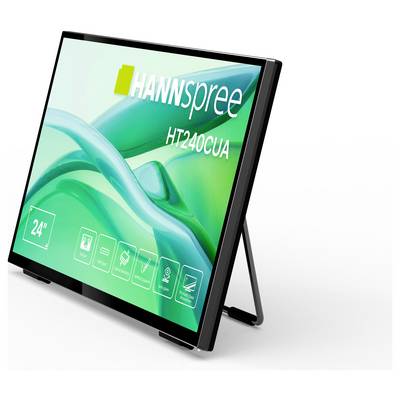 'HANNspree HT240CUA' Touchmonitor mit einem 24-Zoll-Bildschirm, der auf einem Ständer präsentiert wird.