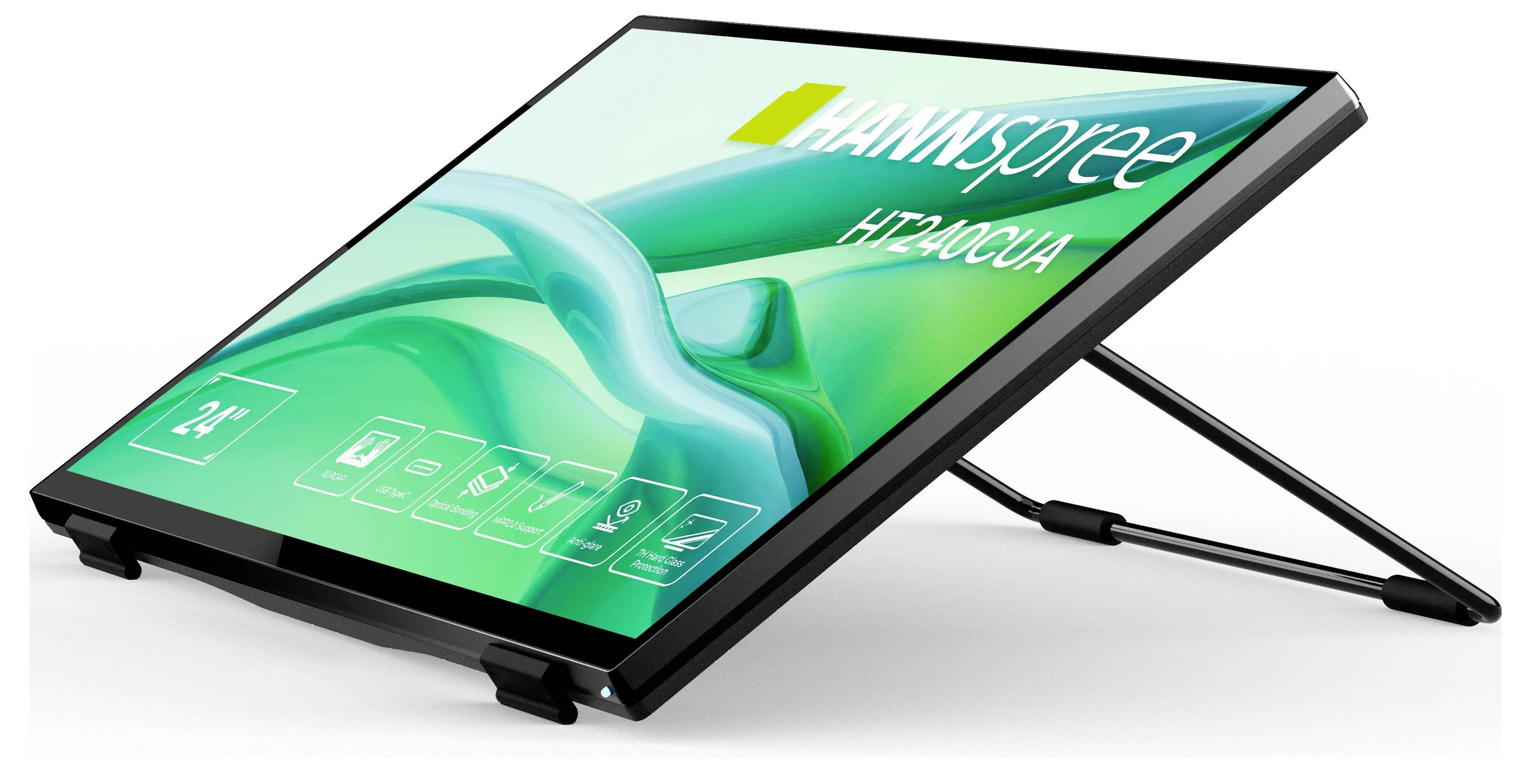 Ein großer Touchscreen-Monitor mit Ständer, der einen lebendigen grün-blauen abstrakten Hintergrund und Schnittstellenelemente auf dem Bildschirm zeigt.