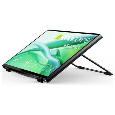 Ein großer Touchscreen-Monitor mit Ständer, der einen lebendigen grün-blauen abstrakten Hintergrund und Schnittstellenelemente auf dem Bildschirm zeigt.