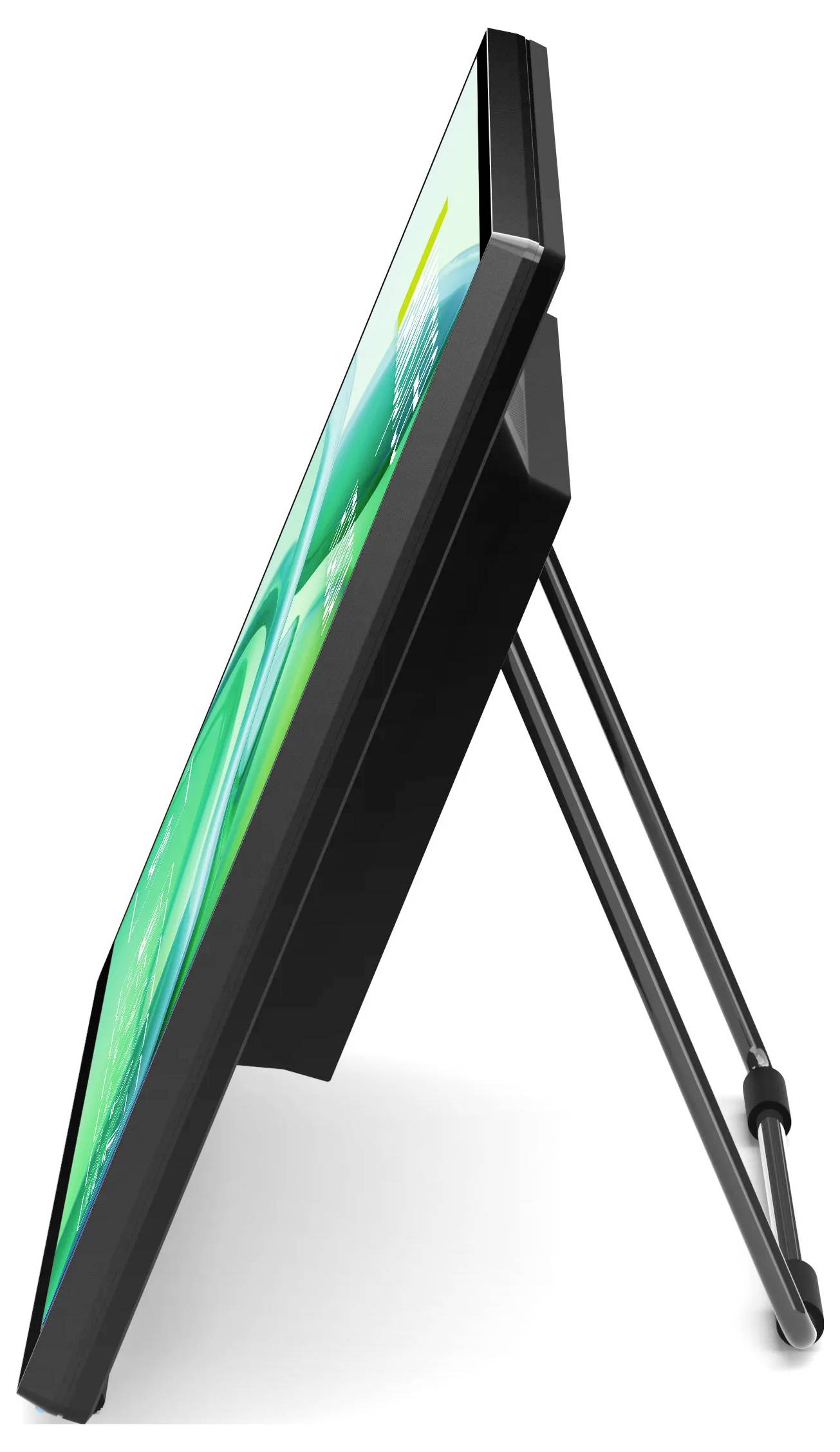 Seitenansicht eines schlanken, flachen Computerbildschirms mit dünnem Design, gestützt von einem robusten, schräg gestellten Ständer. Die Anzeige zeigt eine farbenfrohe Benutzeroberfläche.