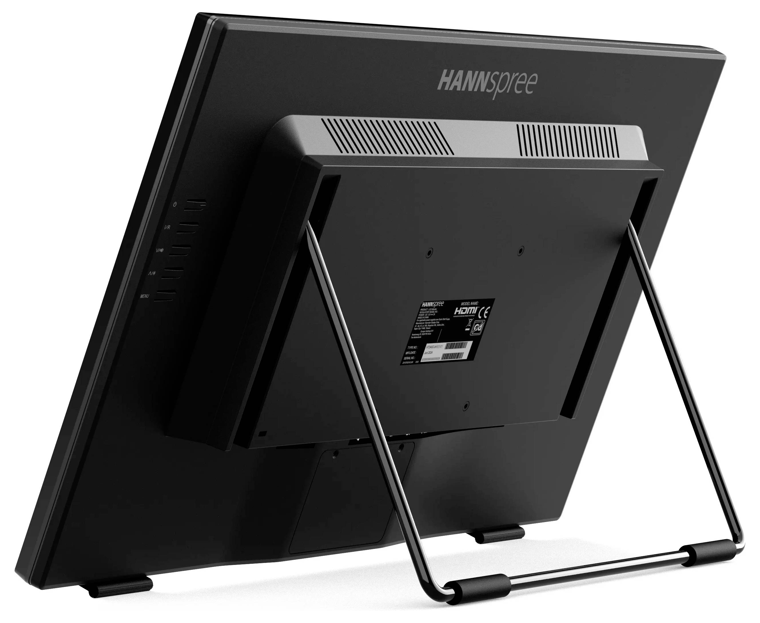 Ein schwarzer Monitor mit einem Ständer, der die Rückansicht zeigt, inklusive Lüftungsschlitze, Markenname 'HANNspree' und einem HDMI-Aufkleber.