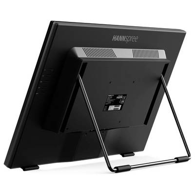 Ein schwarzer Monitor mit einem Ständer, der die Rückansicht zeigt, inklusive Lüftungsschlitze, Markenname 'HANNspree' und einem HDMI-Aufkleber.