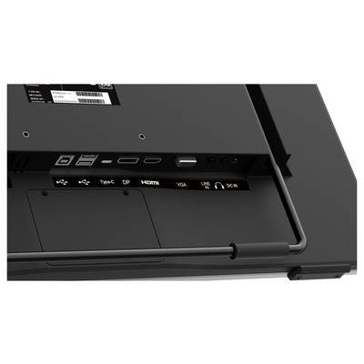 Rückansicht eines Monitors mit mehreren Anschlüssen, darunter USB, Type-C, DisplayPort (DP), HDMI, VGA, Audioeingang und Stromeingang (DC IN).