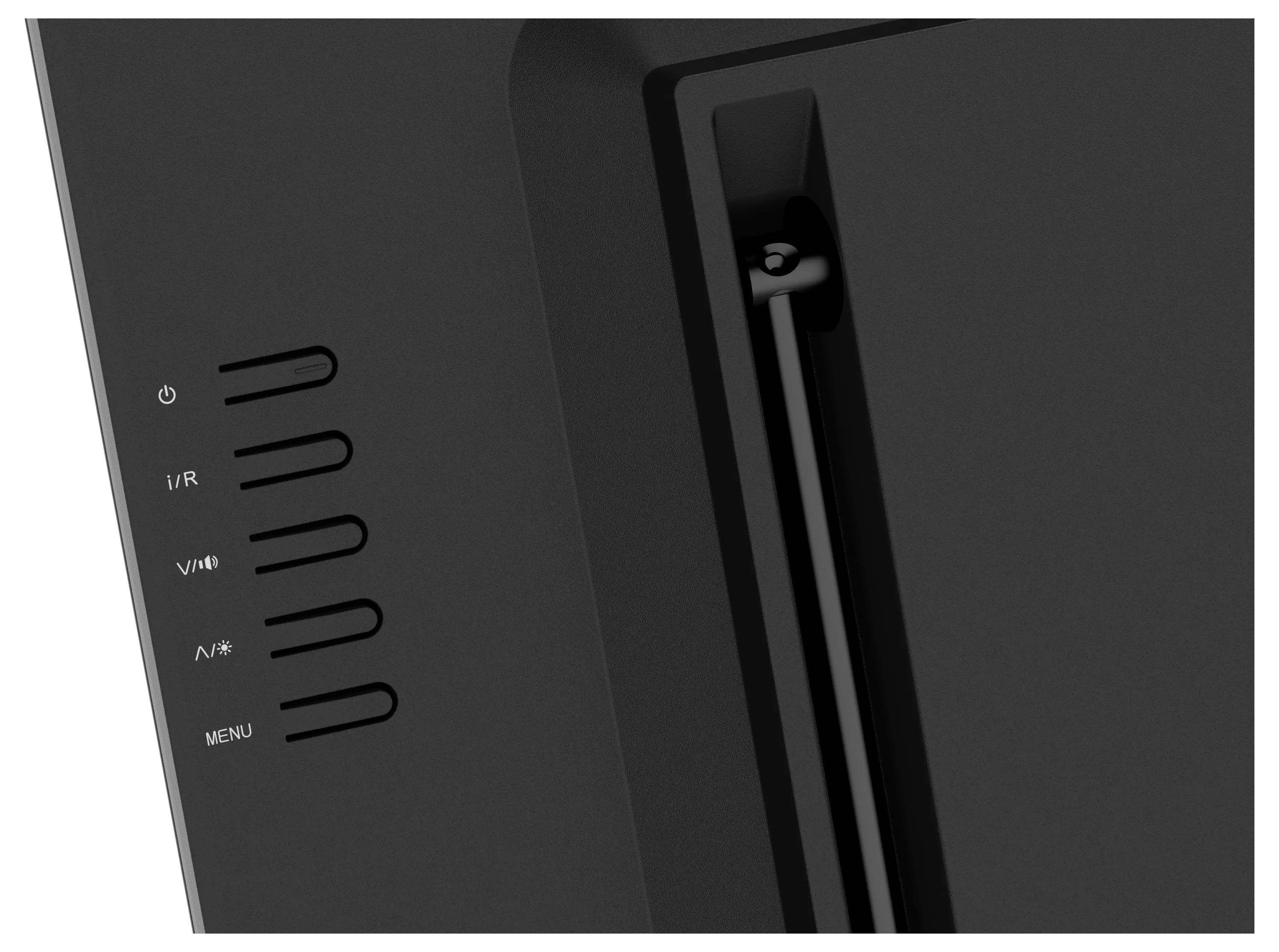 Eine Nahaufnahme eines schwarzen elektronischen Geräts mit einer Reihe von Tasten, die mit "I/R", "V/M", "A/V", "MENU" beschriftet sind.