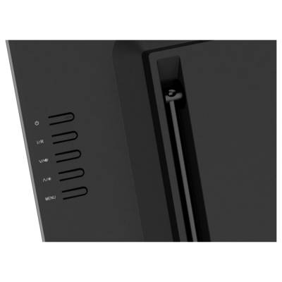 Eine Nahaufnahme eines schwarzen elektronischen Geräts mit einer Reihe von Tasten, die mit "I/R", "V/M", "A/V", "MENU" beschriftet sind.