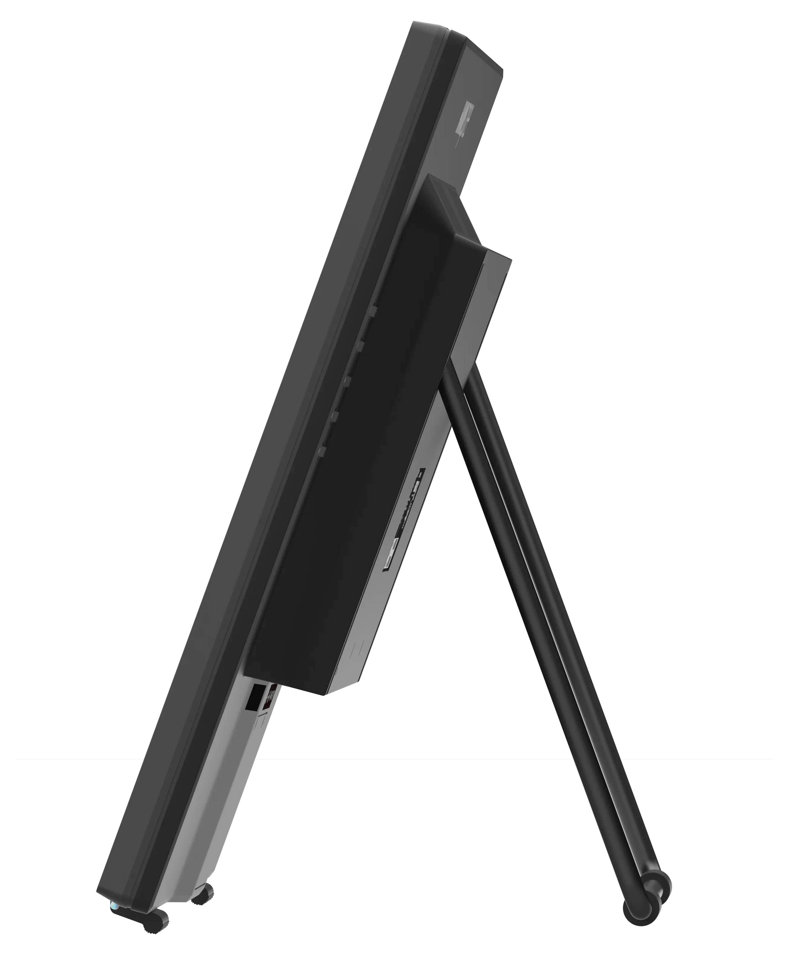 Ein schwarzer, vertikaler Touchscreen-Bildschirm auf einem Ständer mit Rollen, der für Mobilität und Einsatz bei Präsentationen oder Besprechungen konzipiert ist.