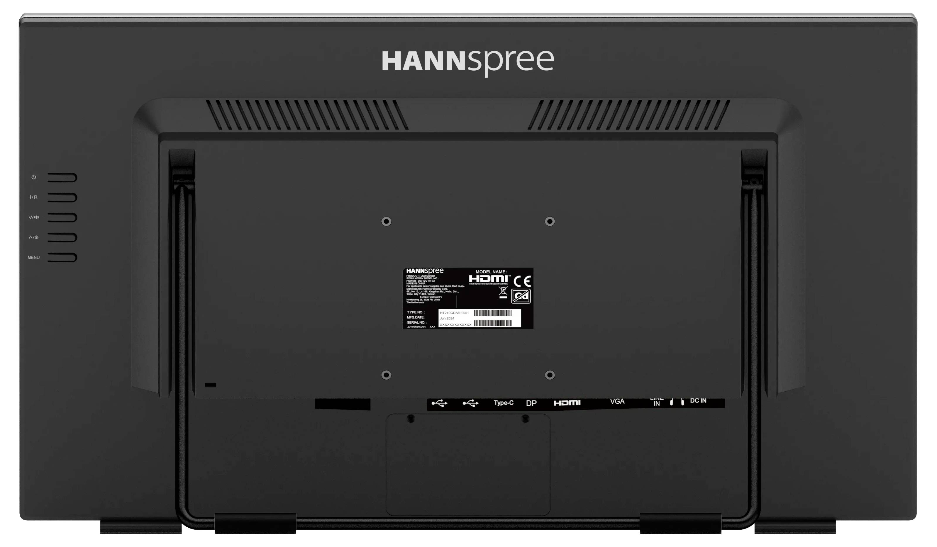 Rückansicht eines Hannspree-Monitors mit Anschlüssen, Belüftung und Etikett.