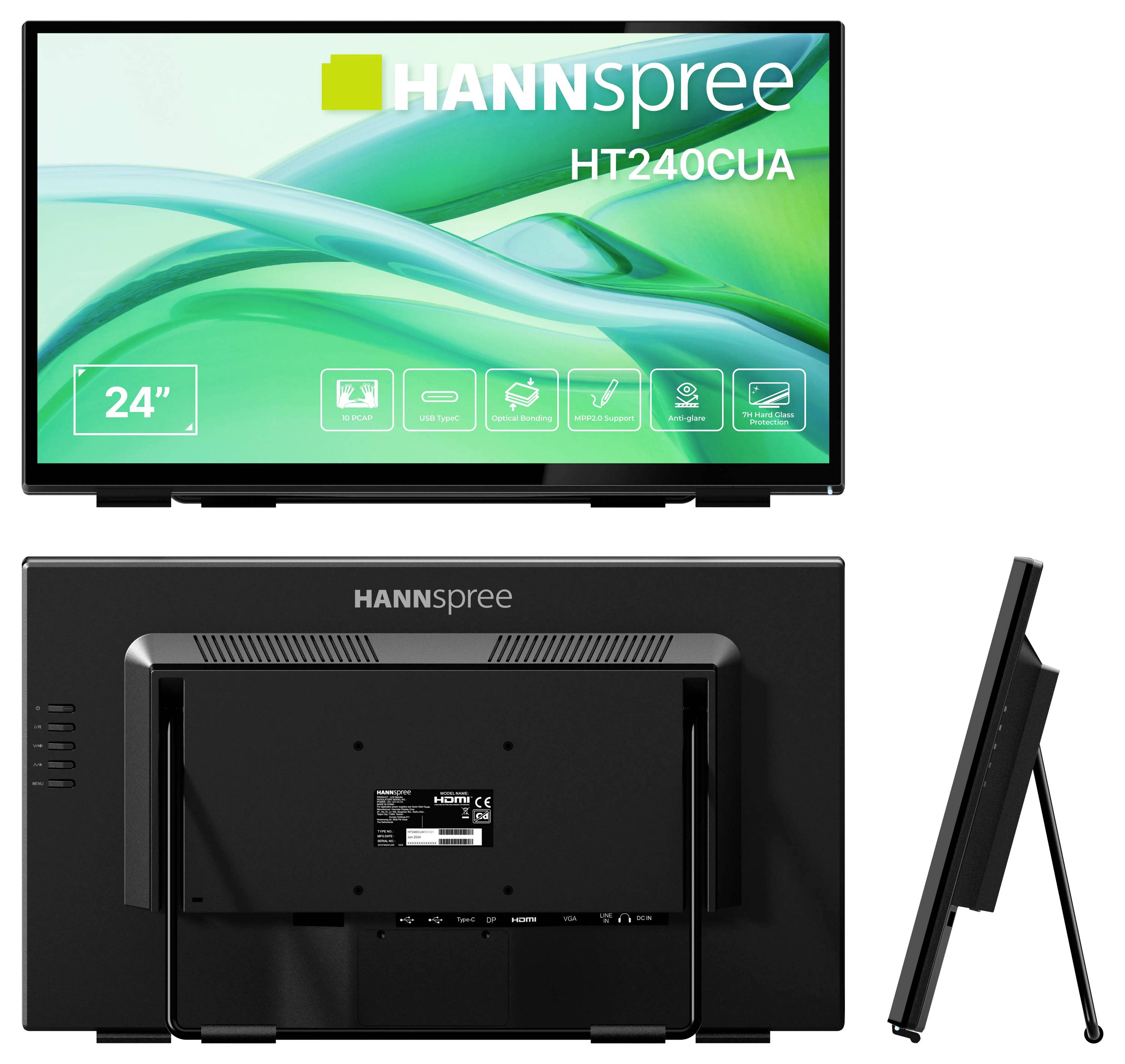 Ein 24-Zoll HANNspree-Monitor, der aus drei Perspektiven gezeigt wird: von vorne mit lebhaftem Display, von hinten mit Anschlüssen und im Seitenprofil, das das dünne Design hervorhebt.