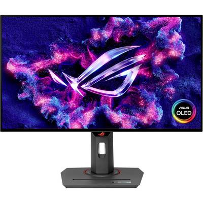 Ein Monitor, der leuchtende, farbenfrohe Visuals mit dem ASUS ROG-Logo zeigt. Der Bildschirm präsentiert intensive Pink- und Blautöne, die das Logo umgeben.