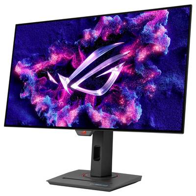 Ein Computerbildschirm, der ein lebendiges blaues und pinkes abstraktes Bild mit einem stilisierten Logo in der Mitte auf einem schlanken schwarzen Ständer zeigt.