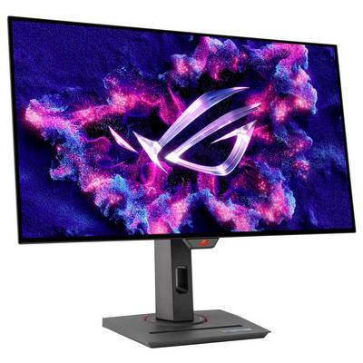 Ein Gaming-Monitor mit einem lebendigen, abstrakten Design, das ein leuchtendes Logo vor einem farbenfrohen, kosmischen Hintergrund zeigt, montiert auf einem stabilen Ständer.