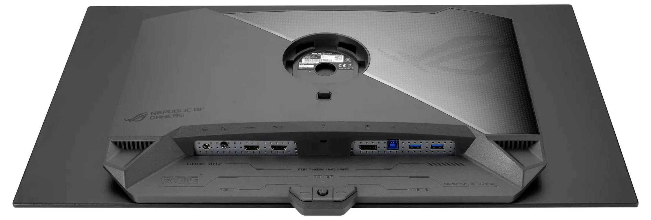 Rückansicht eines Computermonitors mit mehreren Anschlüssen, darunter HDMI-, USB- und DisplayPort-Verbindungen, mit einer Kabelbefestigungsvorrichtung.