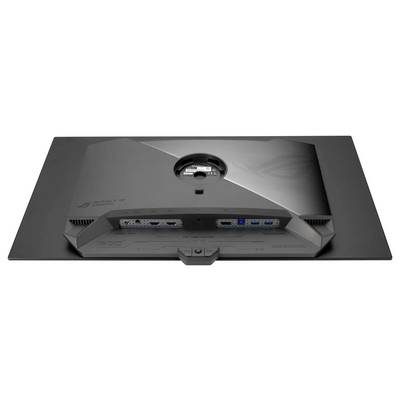 Rückansicht eines Computermonitors mit mehreren Anschlüssen, darunter HDMI-, USB- und DisplayPort-Verbindungen, mit einer Kabelbefestigungsvorrichtung.