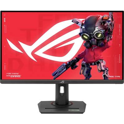 Ein Monitor, der eine futuristische Figur in einem roten Outfit mit leuchtenden Augen zeigt, bewaffnet und vor einem roten Hintergrund mit einem Logo.