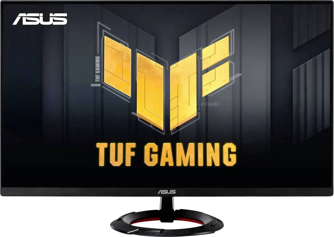 ASUS TUF Gaming Monitor, auf dem das TUF-Logo auf dem Bildschirm angezeigt wird, vor einem Hintergrund, der die Gaming-Leistung betont.