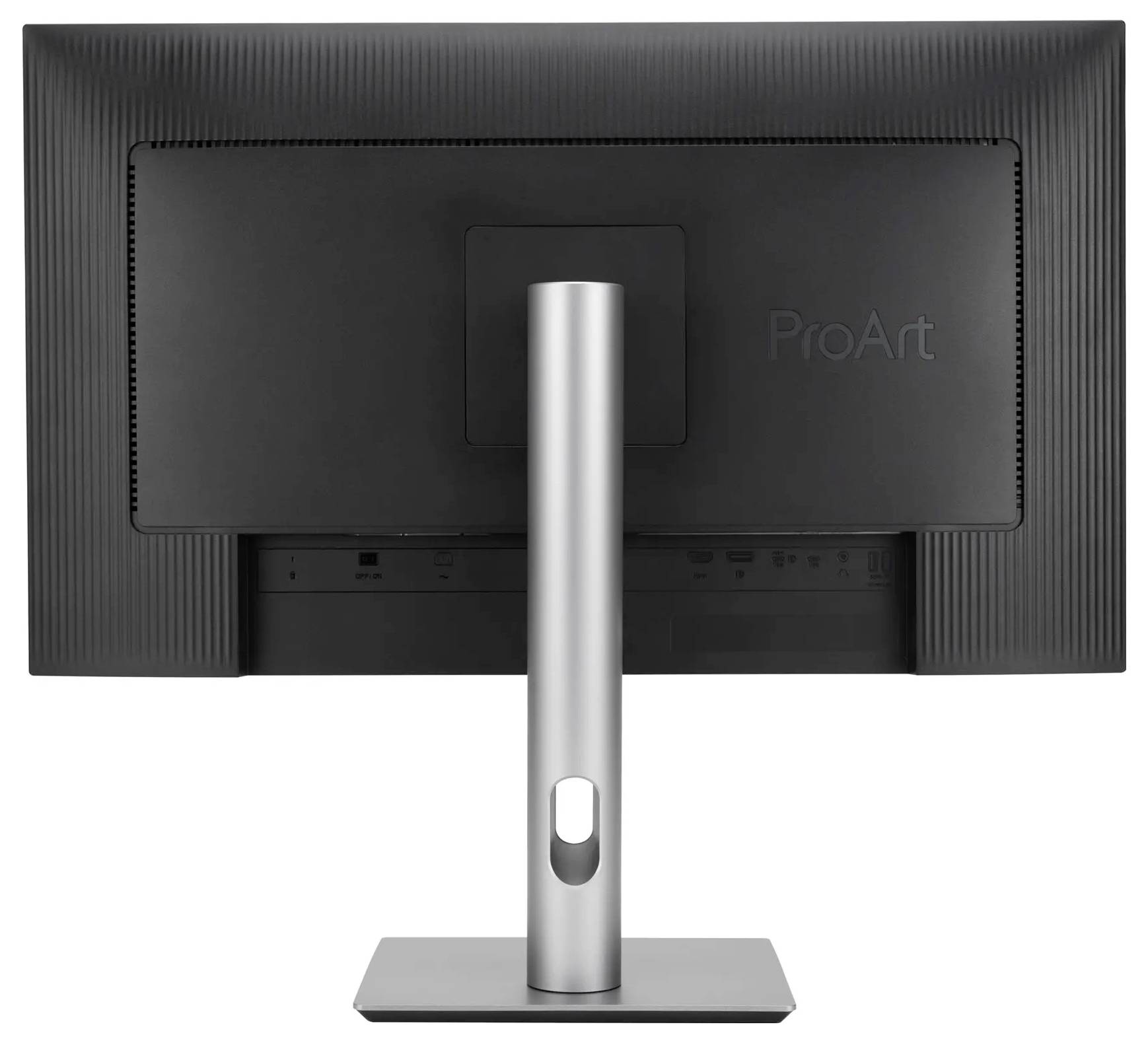 Ein schwarzer ProArt-Monitor, von hinten betrachtet, mit einem eleganten Aluminiumständer und einer Kabeldurchführungsöffnung, der sein modernes Design betont.