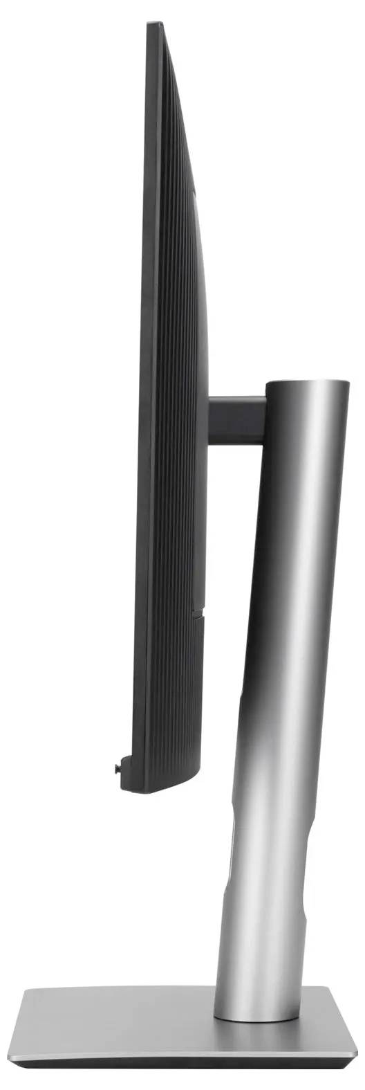 Eine Seitenansicht eines dünnen, modernen Computermonitors auf einem schlichten Metallfuß, die seine schlanke Silhouette und minimalistisches Design veranschaulicht.