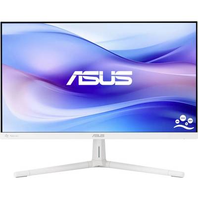 Ein Computermonitor, der das Asus-Logo auf einem blau-violetten Wellenhintergrund zeigt, auf einem weißen Ständer platziert.