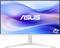 Ein Computermonitor, der das Asus-Logo auf einem blau-violetten Wellenhintergrund zeigt, auf einem weißen Ständer platziert.