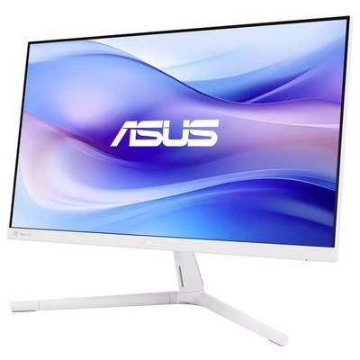 Ein schlanker, moderner ASUS-Monitor mit schmaler Rahmengestaltung, präsentiert auf einem weißen Ständer, der ein wellenförmiges Hintergrundbild in Blau und Lila zeigt.
