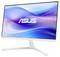 Ein schlanker, moderner ASUS-Monitor mit schmaler Rahmengestaltung, präsentiert auf einem weißen Ständer, der ein wellenförmiges Hintergrundbild in Blau und Lila zeigt.