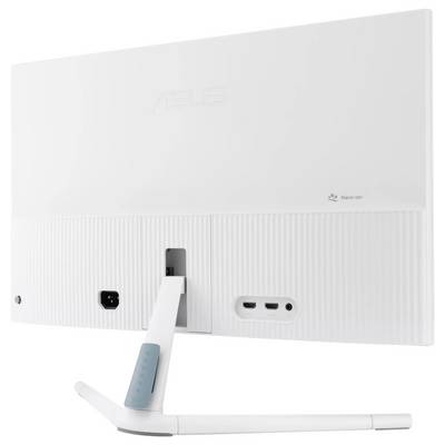 Eine weiße Rückansicht eines Computermonitors, die verschiedene Anschlüsse und einen eleganten Ständer zeigt. Der Markenname ist dezent in die Oberfläche eingeprägt.