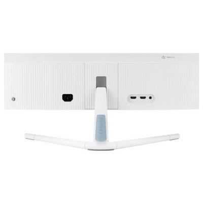 Rückansicht eines weißen Computermonitors mit zentralem Ständer, Stromanschluss und zwei HDMI-Anschlüssen.