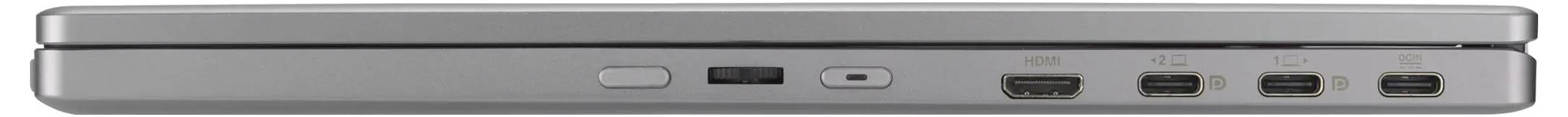 Ein geschlossener silberner Laptop, von der Seite betrachtet, mit verschiedenen Anschlüssen und Anschlussports.