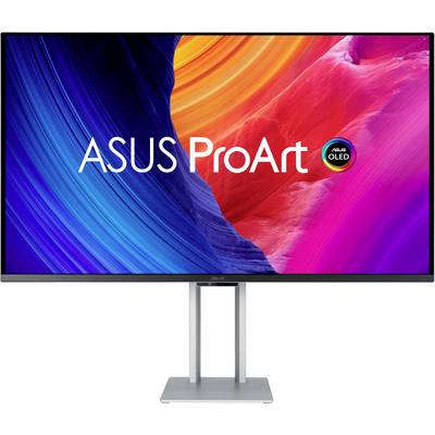 Monitor, der "ASUS ProArt" auf einem farbenfrohen Hintergrund anzeigt und einen ASUS OLED-Bildschirm präsentiert.