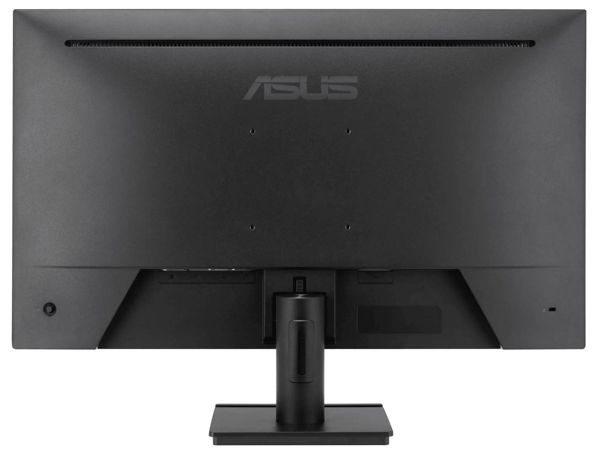 Das Bild zeigt die Rückansicht eines schwarzen ASUS-Computermonitors mit einem einfachen Ständer, der das Markenlogo und eine Anschlussblende aufweist.