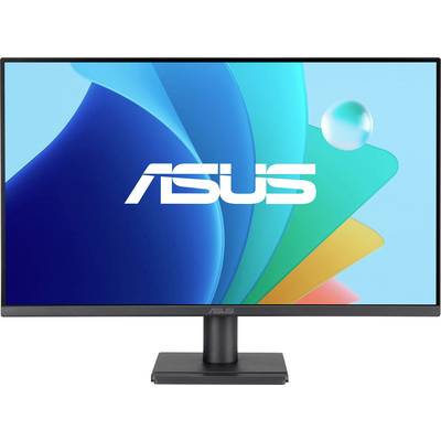 ASUS-Computermonitor mit einem farbenfrohen abstrakten Hintergrund-Display.