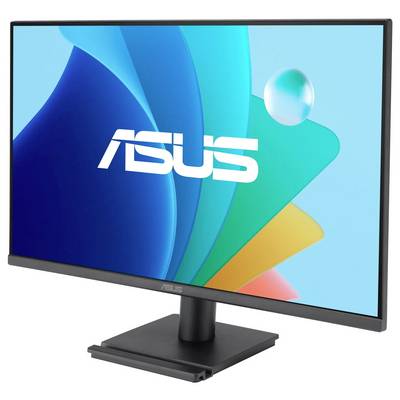 Ein Computermonitor mit einem 'ASUS'-Logo auf dem Bildschirm. Der Hintergrund auf dem Bildschirm ist farbenfroh und abstrakt.